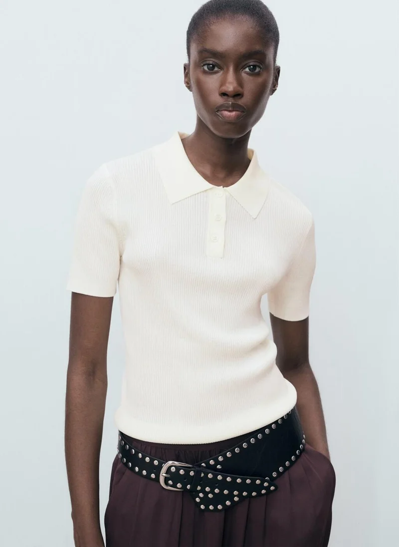 Short-Sleeve Polo Sweater Beige