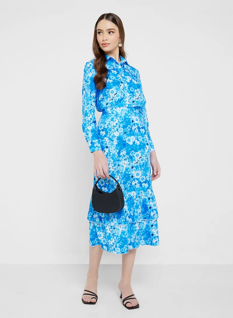 Printed Shirt & Skirt Set Blue