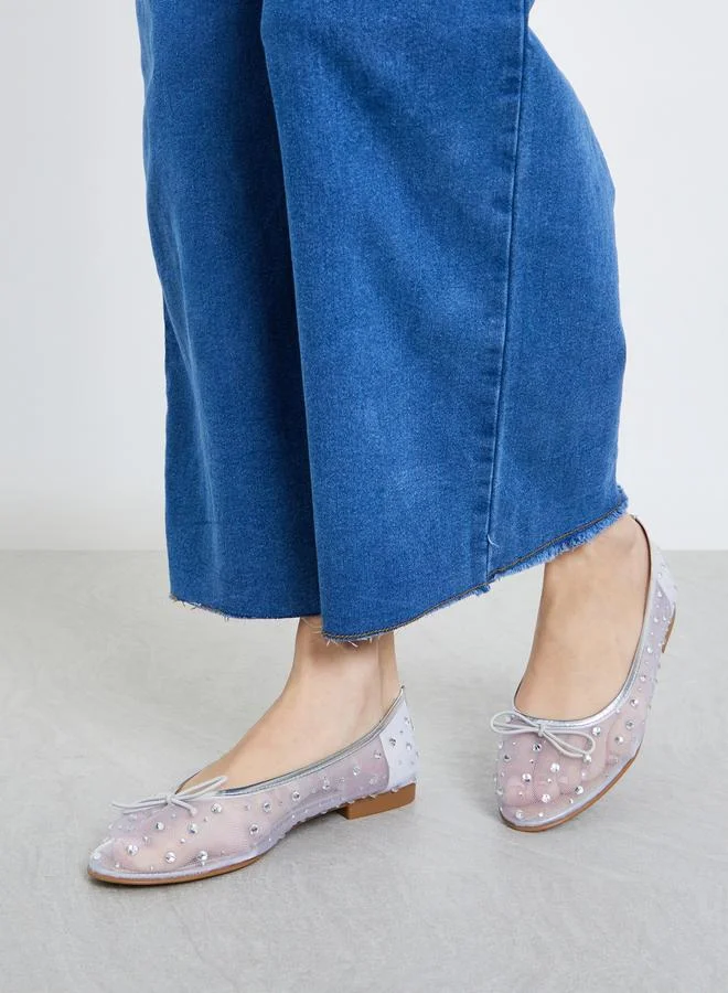 Embellished Mesh Ballerinas Silver