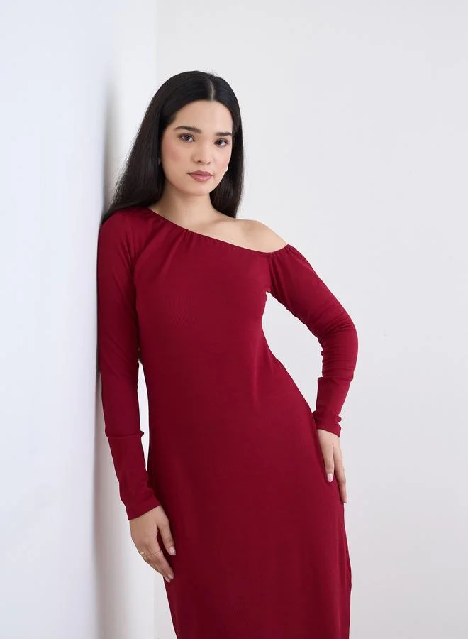 Asymmetric Neck Midi Dress Burgundy