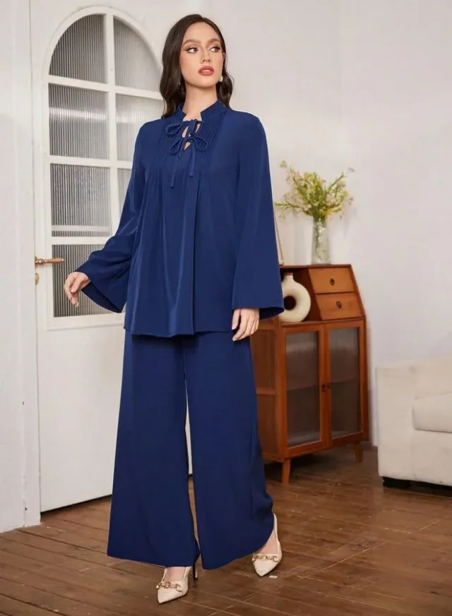 Tie-Neck Ruffle Top & Wide Leg Pants Set Navy Blue – image 6