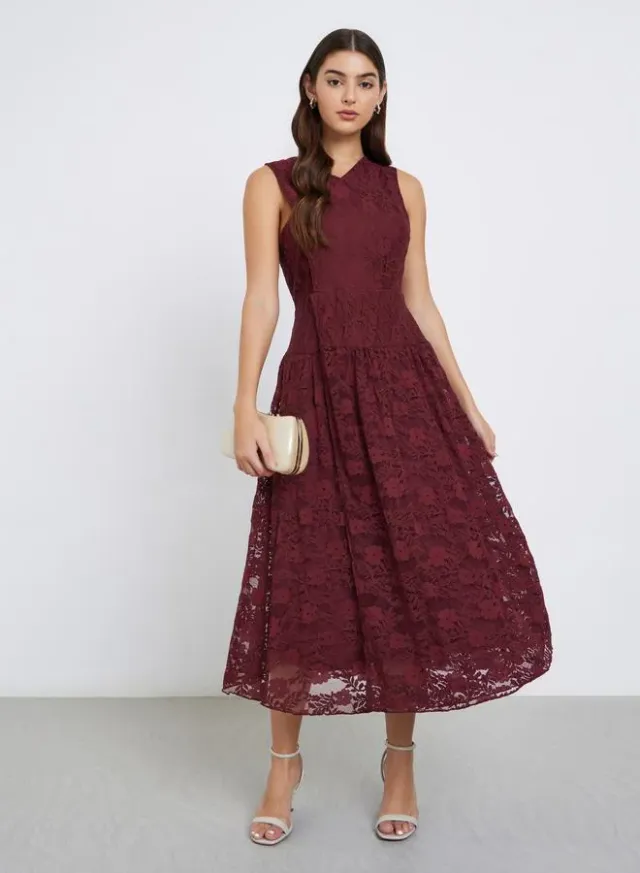 Polyester Midi Dress with Ruched Waist Detail