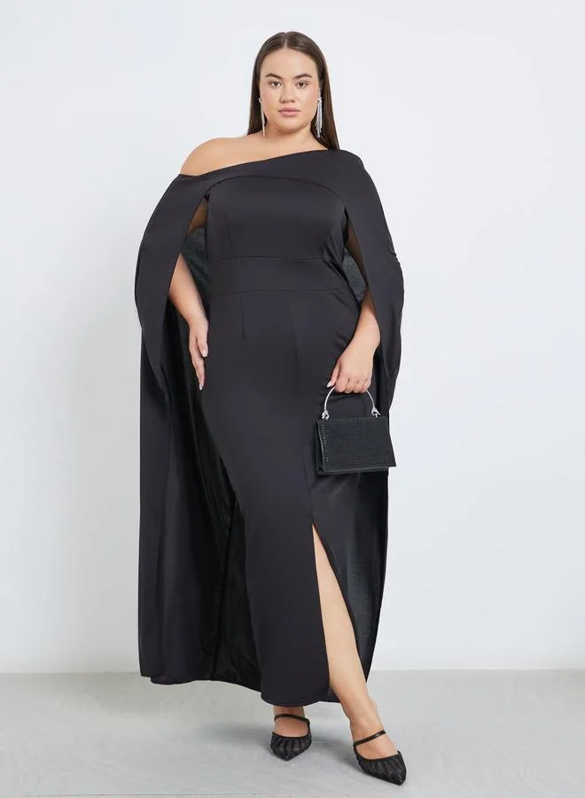 Plus Size Cape Sleeve Front Slit Maxi Dress Black