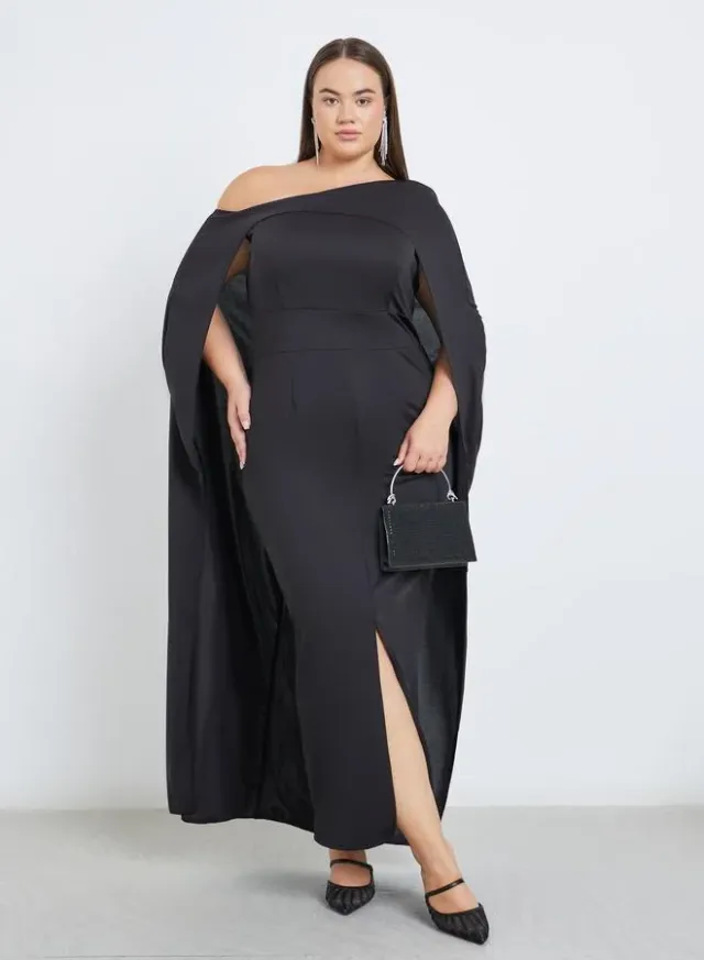 Plus Size Cape Sleeve Front Slit Maxi Dress Black