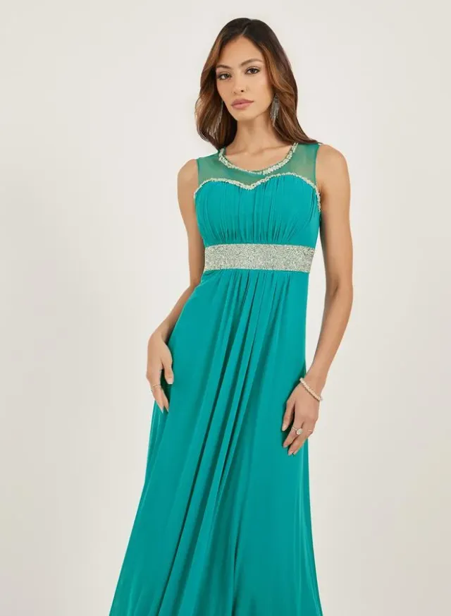 Teal Maxi Fit & Flare Dress with Embellished Bodice and Waist – image 3