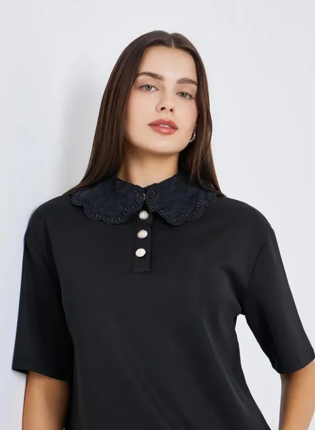 Women's Lace Collar Polo T-Shirt Black – image 5