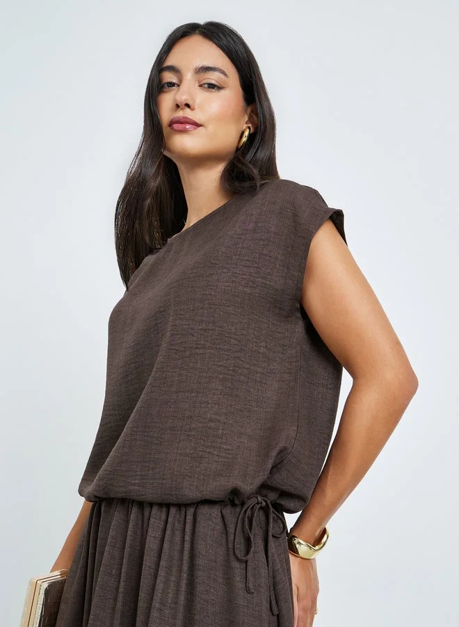 Waist Drawstring Tie Top Brown