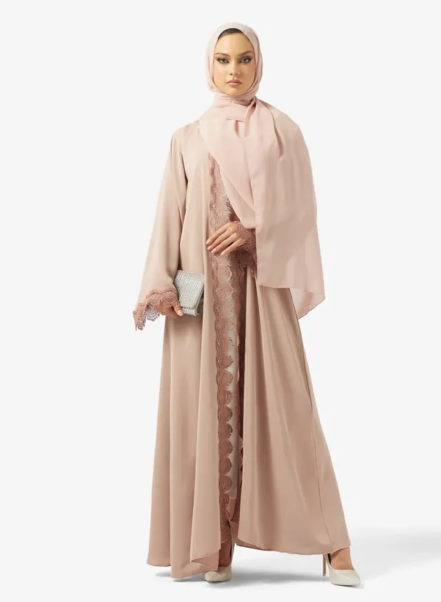 Beige Lace Detail Abaya with Sheila - Loose Fit, Long Sleeves – image 5