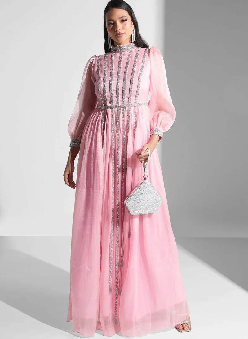 Embellished Puff Sleeve Dress Pink