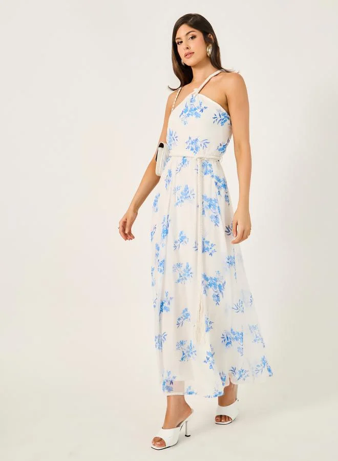 Floral Print Braid Detail A-Line Maxi Dress White