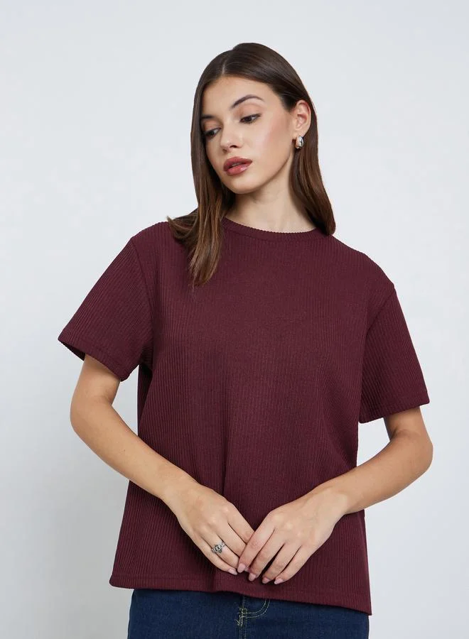Styli Flat Knit Round Neck T-Shirt Burgundy