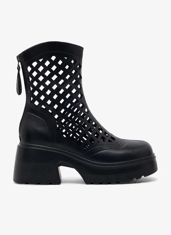 Chunky Laser Cut Ankle Boots Black