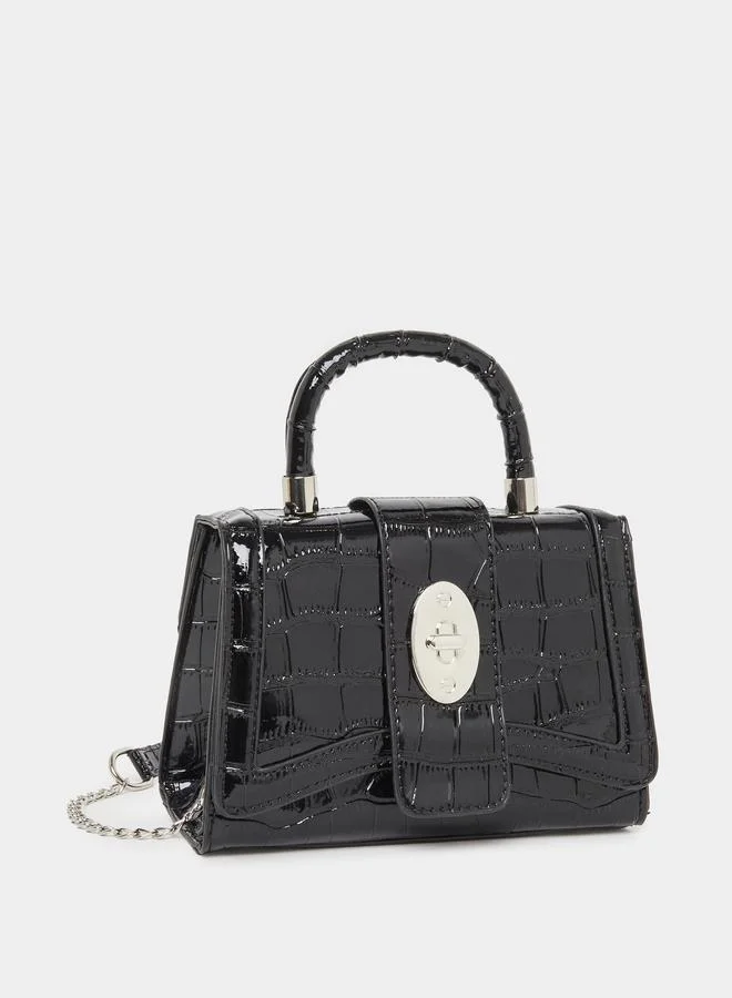 Styli Croc-Textured Top Handle Bag with Chain Strap Black