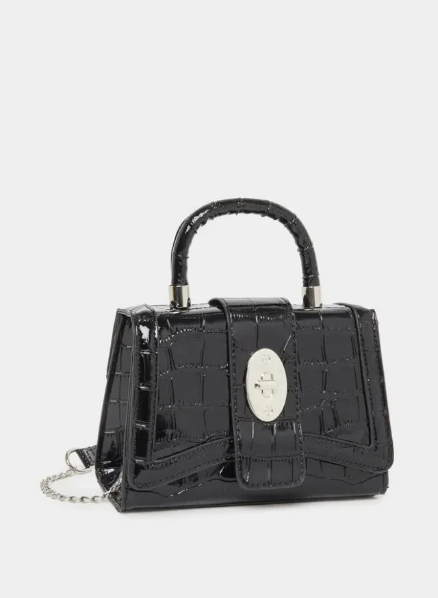 Styli Croc-Textured Top Handle Bag with Chain Strap Black