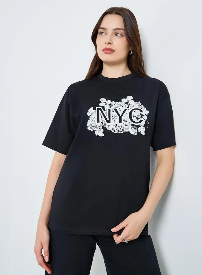 Women's Oversized Graphic Print T-Shirt Black
