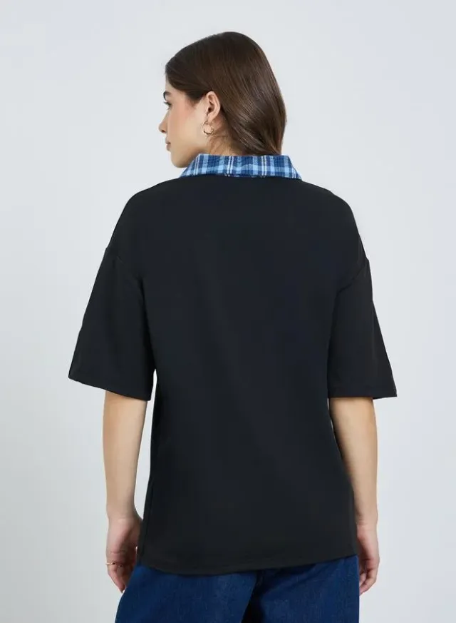 Black Oversized Graphic Print Polo T-Shirt for Women – image 5