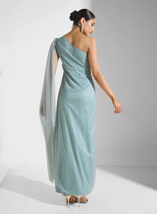 Light Blue One-Shoulder Maxi Dress with Exaggerated Sleeve Trail – image 2