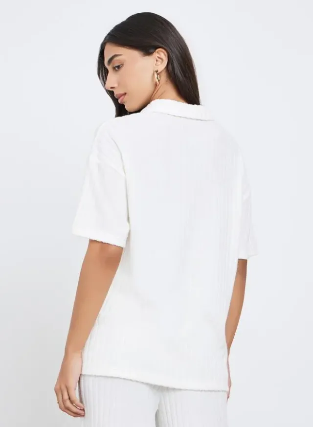 White Ribbed Collared Oversized Short-Sleeve Top – image 5