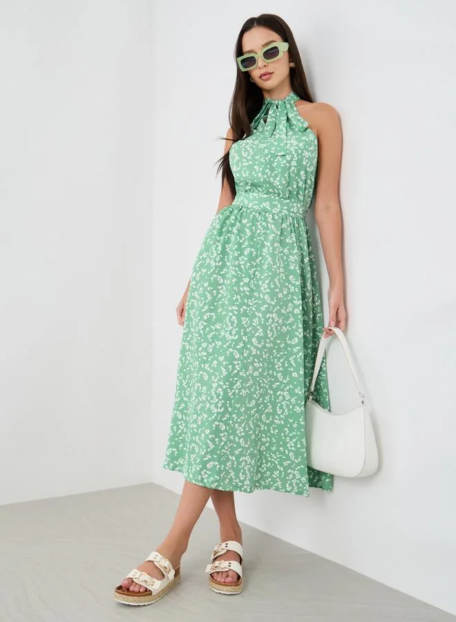 Printed Sleeveless Tie-Up Midi Dress Mint Green