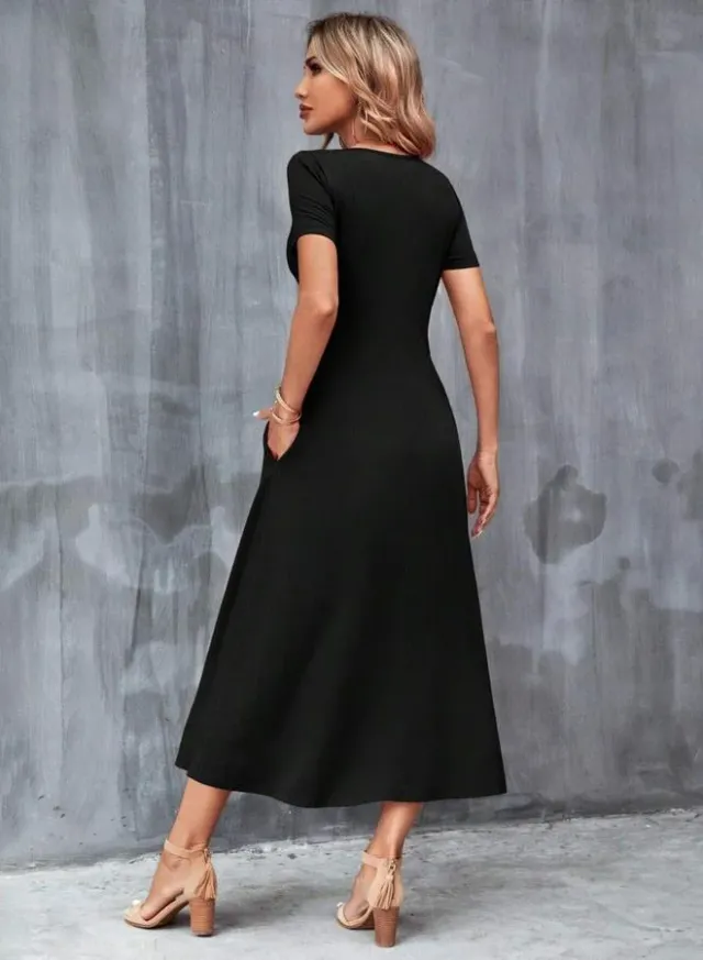 Short Sleeve A-Line Midi Dress Black – image 2