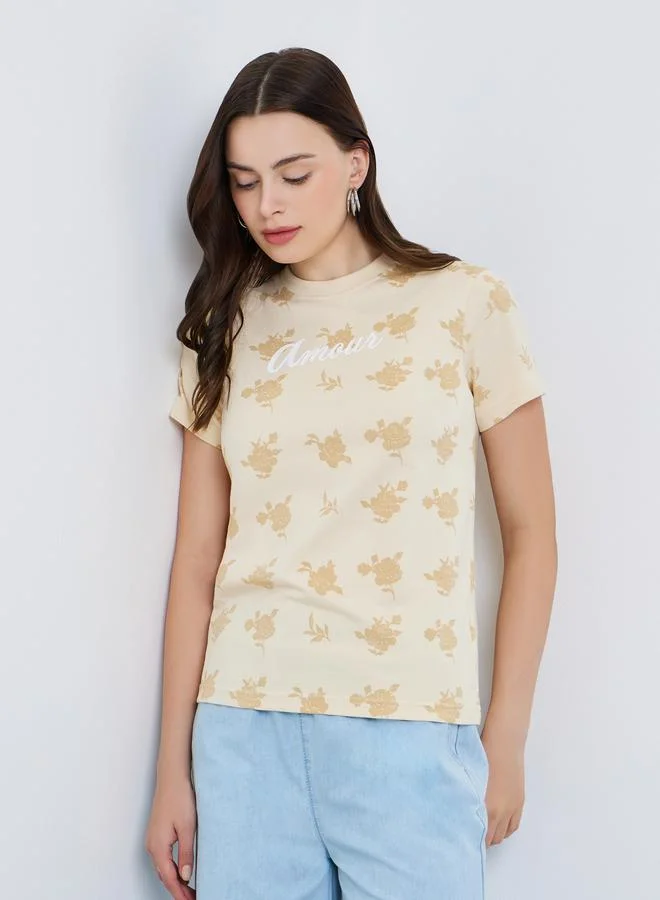 Women's Floral Graphic Cotton T-Shirt Beige