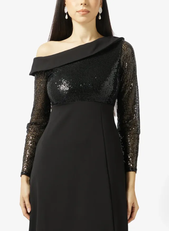Black One-Shoulder Embellished Maxi Dress for Ramadan – image 3