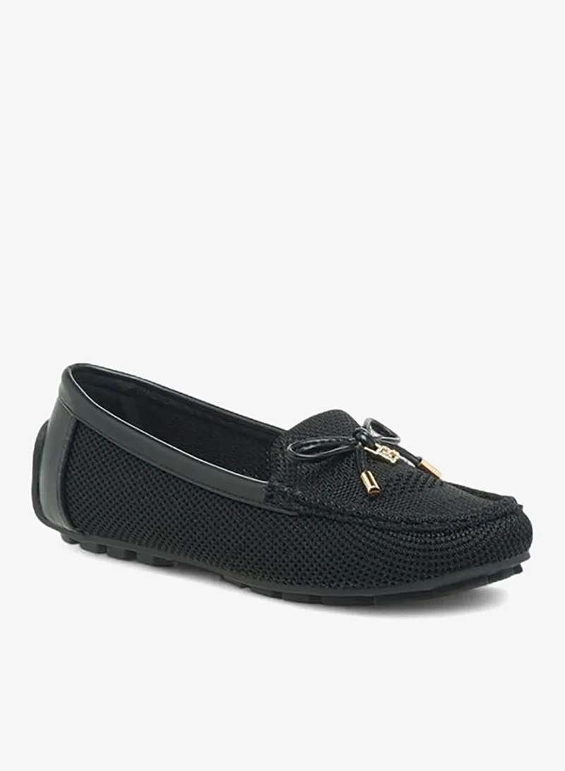 Women's Textured Knit Bow Loafers Black
