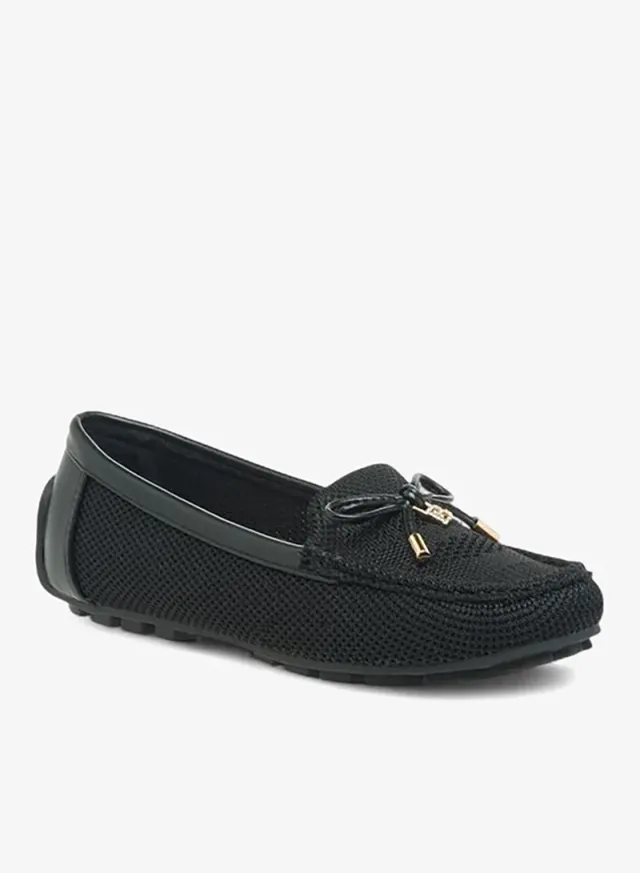 Women's Textured Knit Bow Loafers Black