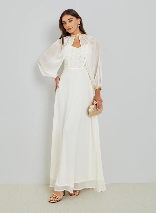 Sequin Maxi Dress with Removable Cape Ivory
