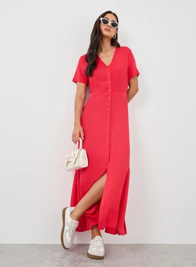 Button Front Midi Dress Red