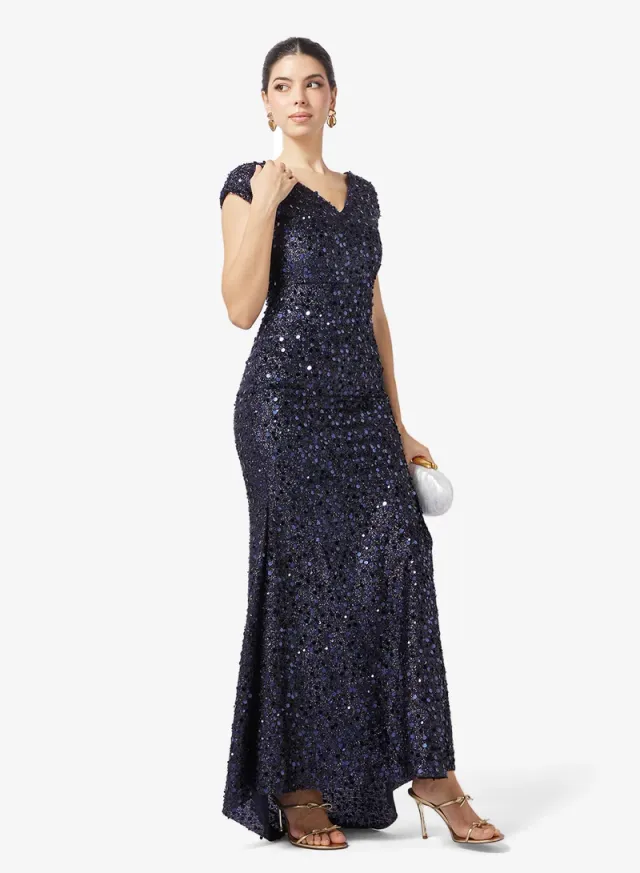 Navy Blue Fit & Flare Maxi Dress with Sequin Embellishments – image 4