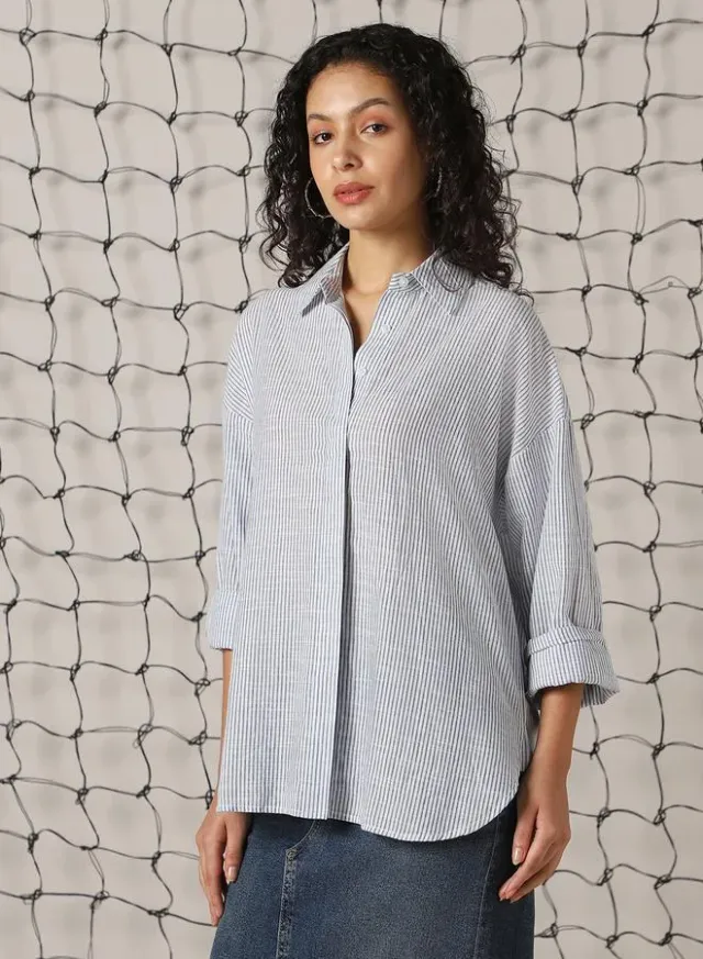 Women's Blue 100% Cotton Striped Button Down Oversized Shirt – image 3