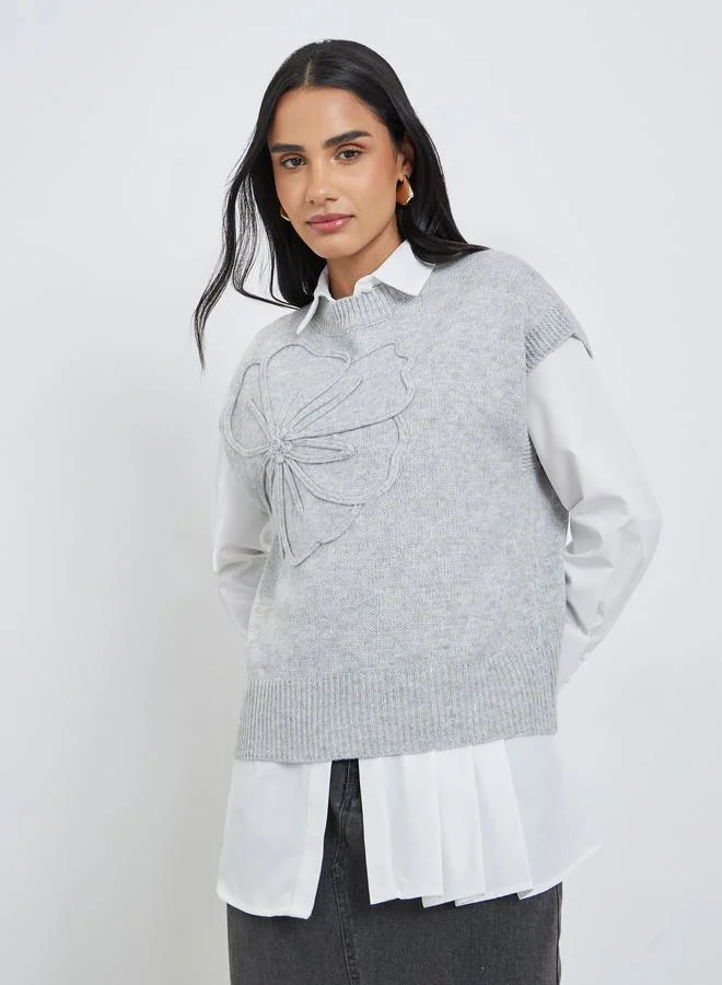 Styli Floral Ribbed Top Grey
