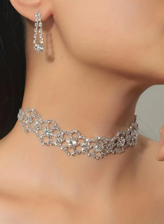 Women Silver Floral Crystal Choker Necklace And Earrings Set – image 5
