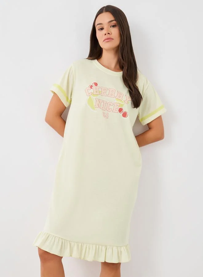 Styli Slogan Print Ruffled Hem Nightdress Cream