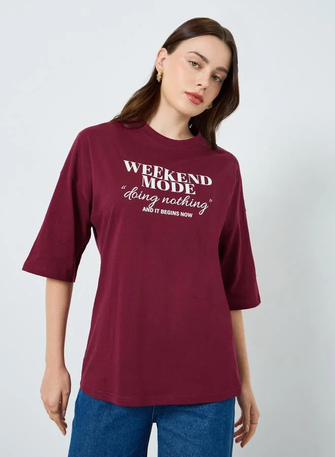 Women's Slogan Print T-Shirt Burgundy