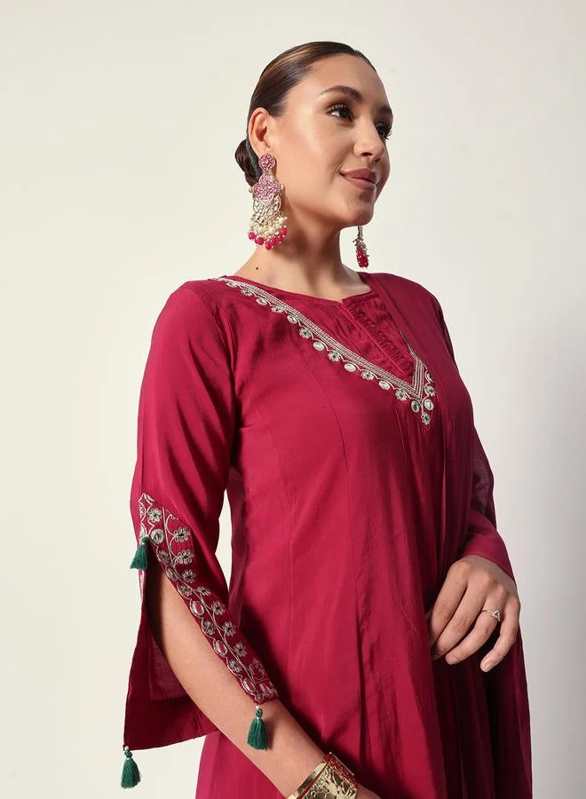Women's Pink Silk Textured Tunic Full Palazzo Regular Fit Kurta Set