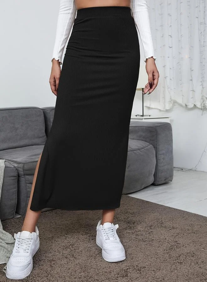 Women's Split Hem Bodycon Midi Skirt Black