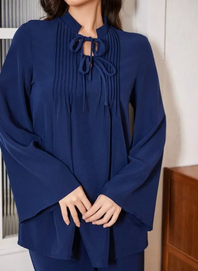 Tie-Neck Ruffle Top & Wide Leg Pants Set Navy Blue – image 4