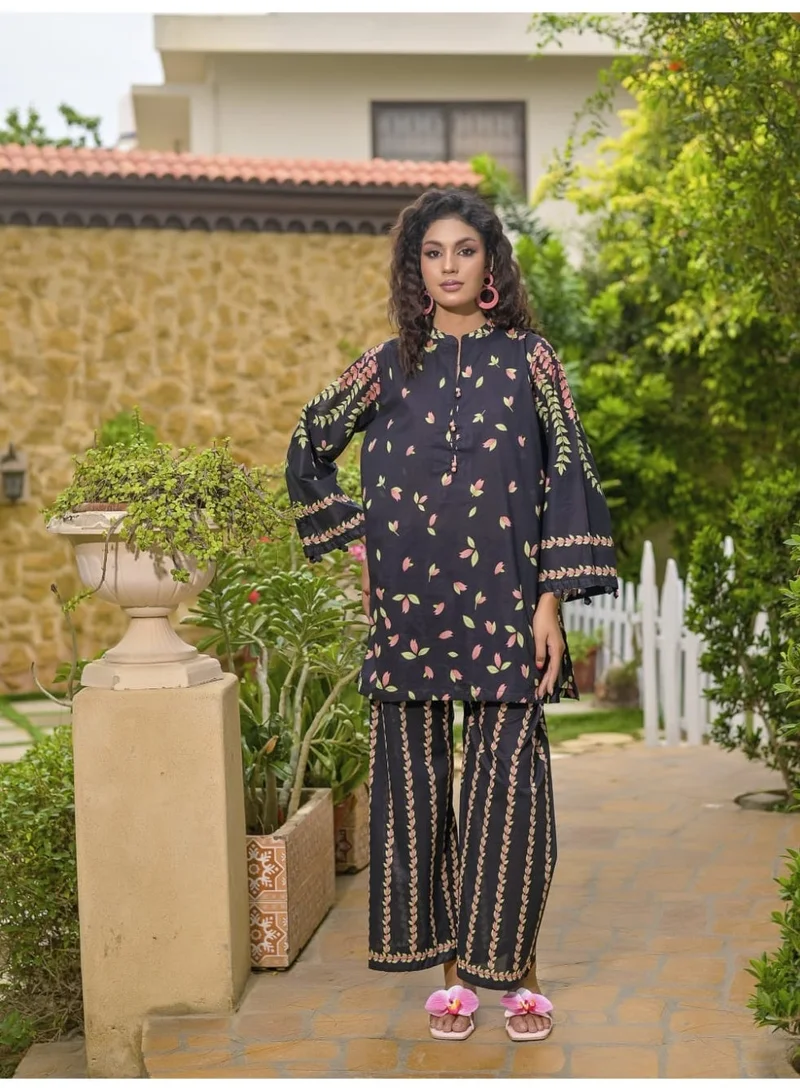 Pakistani Floral Cotton Co-ord Set Black
