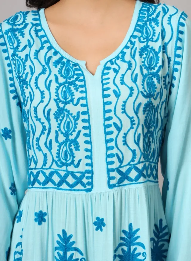 Turquoise Cotton Embroidered Jalabiya for Women - Plus Size – image 5