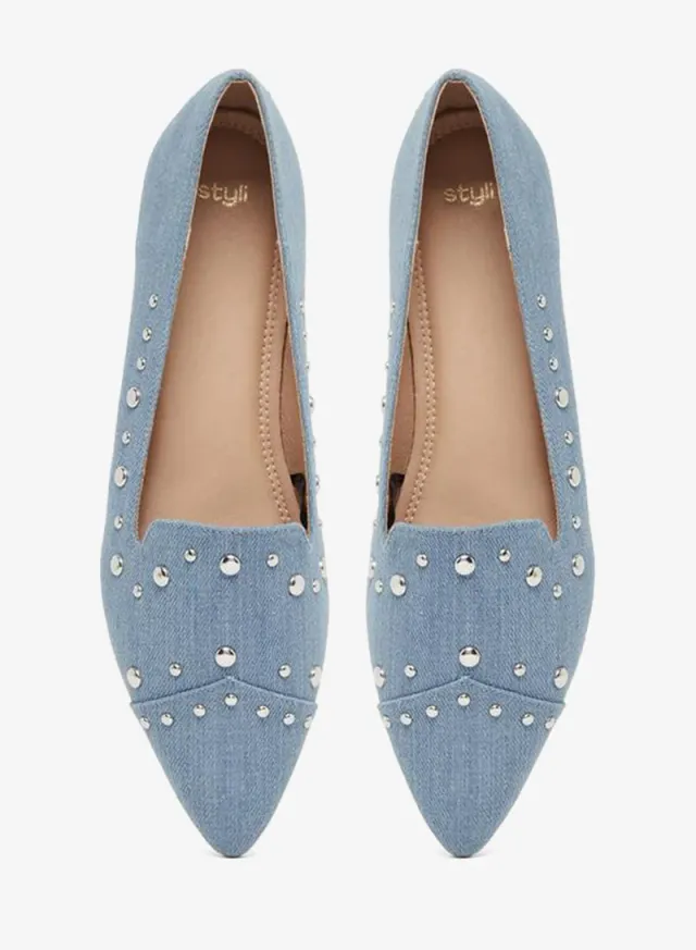 Styli Embellished Pointed Toe Slip-Ons Denim – image 5