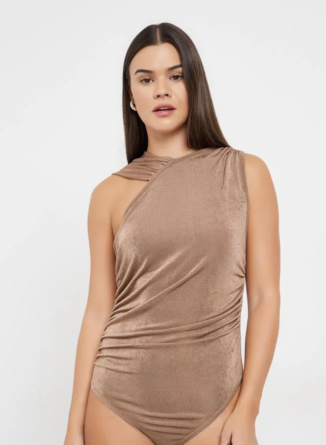 Styli Textured Sleeveless Bodysuit Brown