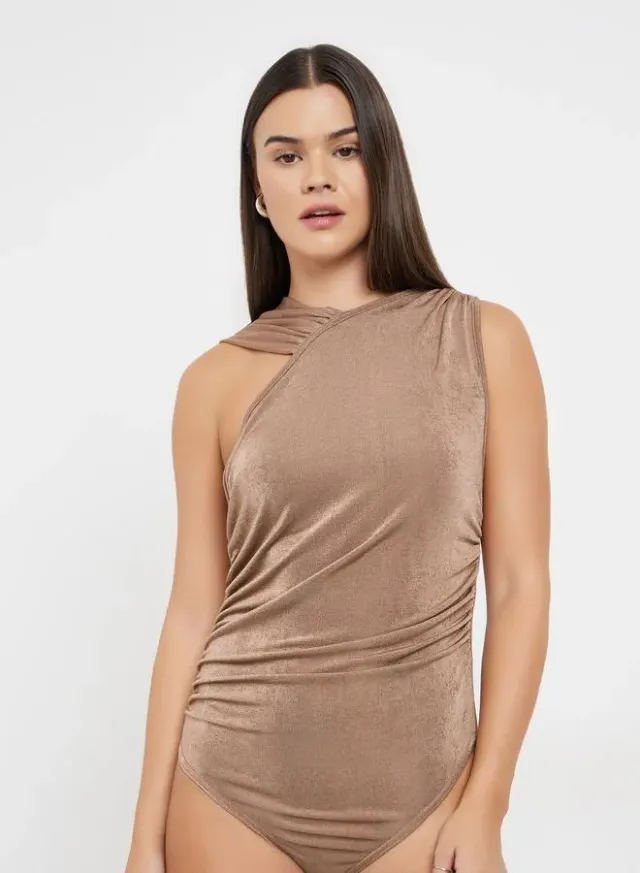 Styli Textured Sleeveless Bodysuit Brown