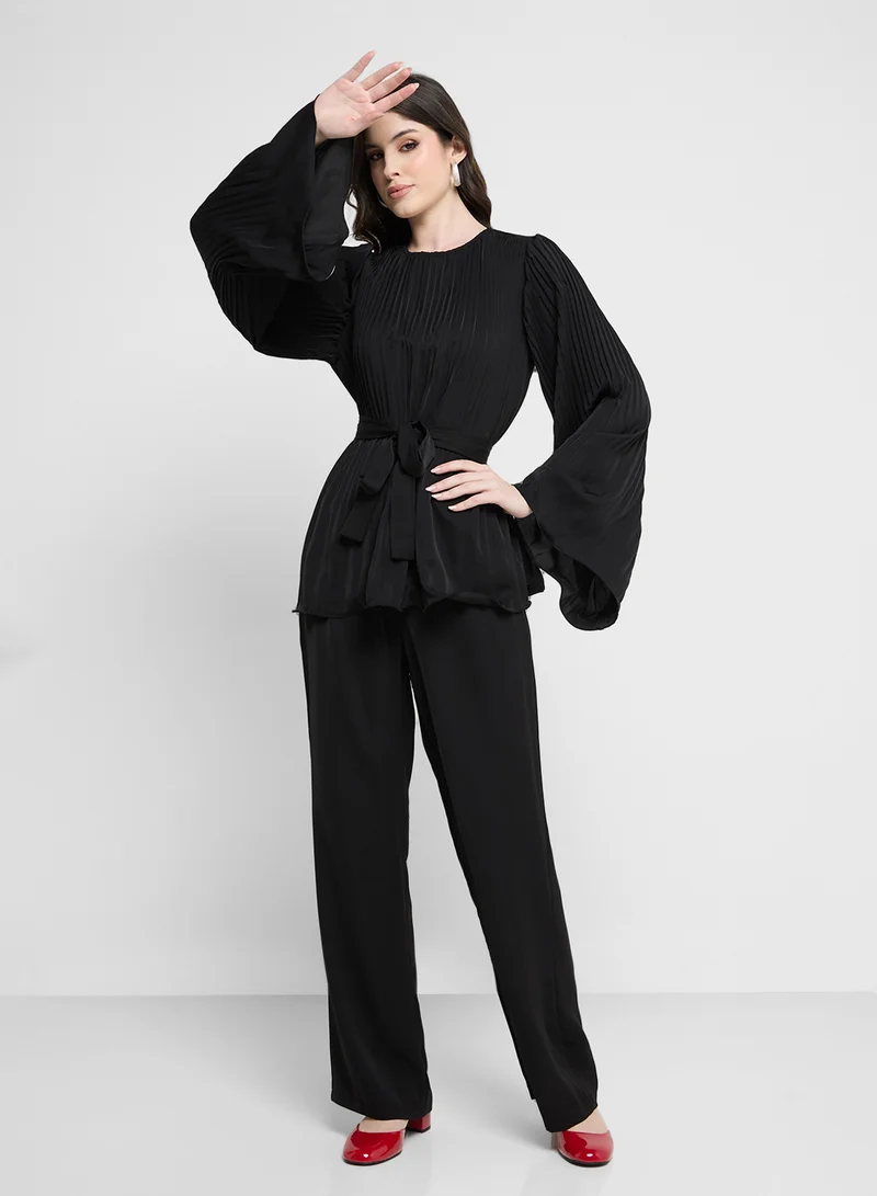 Pleated Top & Pant Set Black