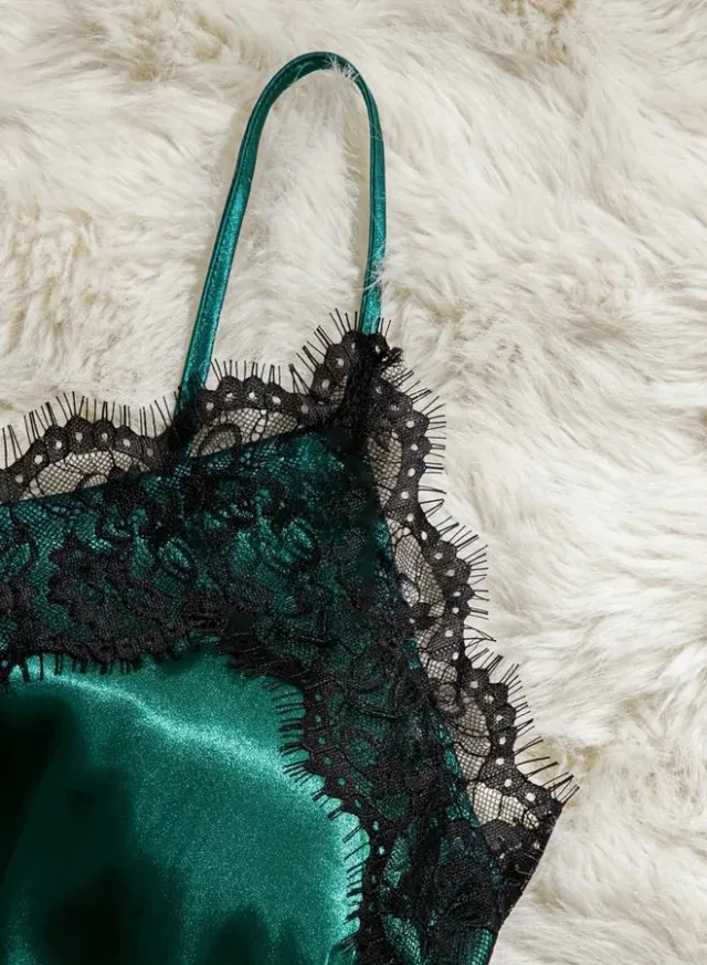 Dark Green Lace Cami Top and Shorts Set - Polyester, V Neck, Relaxed Fit – image 7