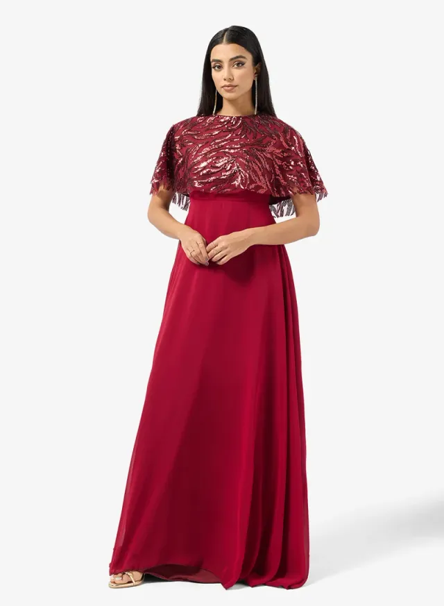 Ruby Red Embellished A-Line Maxi Dress with Three-Quarter Sleeves – image 4