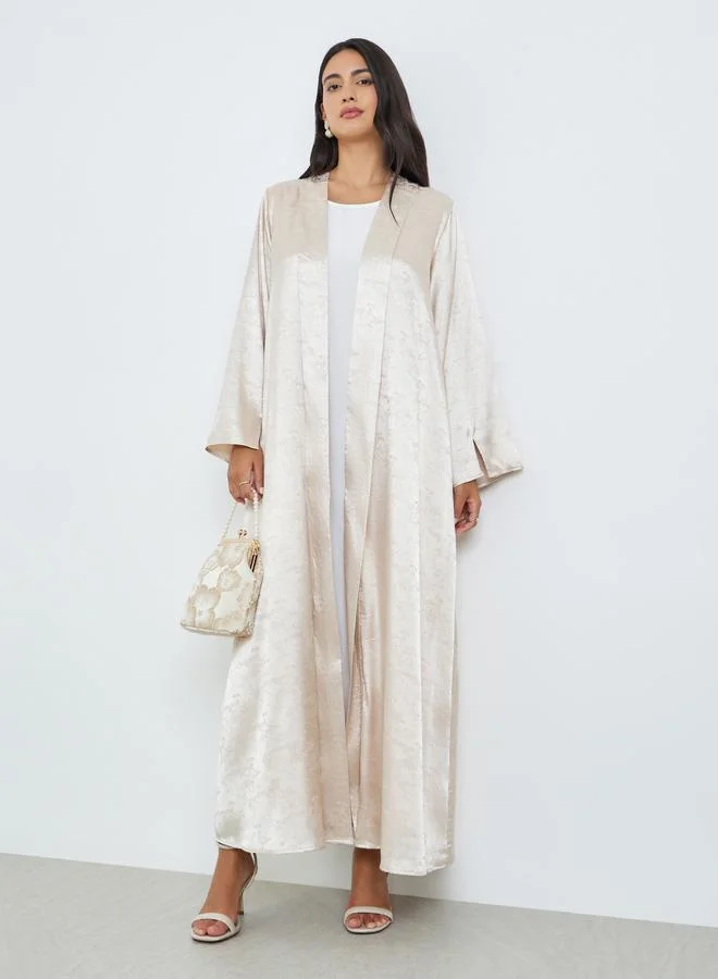 Front Open Jacquard Abaya Beige