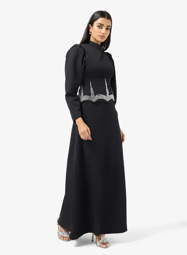 Black Maxi Fit & Flare Dress with Embellished Waist – image 4