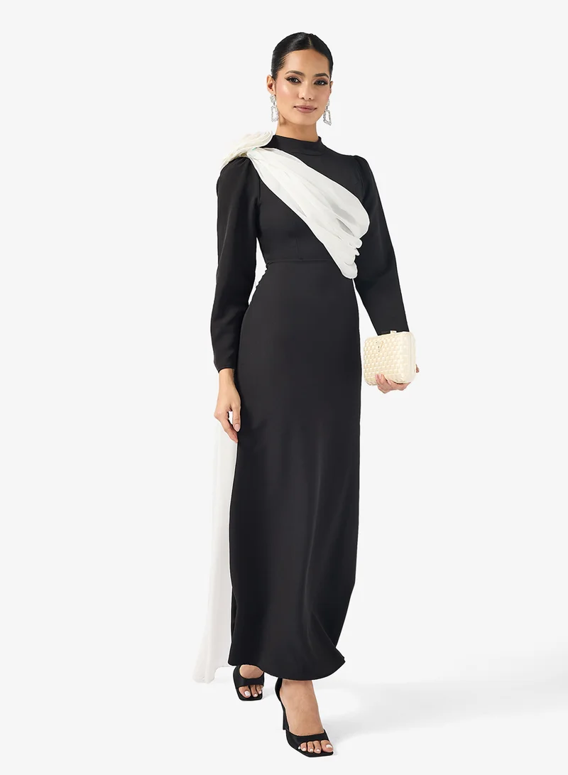 Contrast Drape Shoulder Trail Dress Black